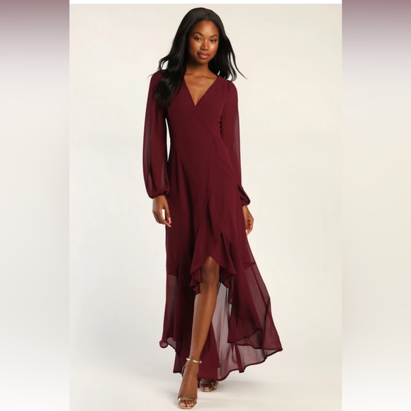 Lulus Perfectly Lovely Plum Long Sleeve Lace-Up High-Low Maxi Dress - Picture 1 of 4
